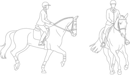 Two line drawings depict equestrian dressage riders on horses in formal attire and riding gear style