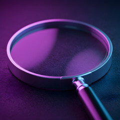 Close-up Magnifying Glass: Purple and Blue Neon Lighting, Investigation Concept, Detailed Macro Photography, Search and Discovery, Mystery and Intrigue