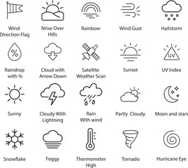 Weather Icons Vector Illustration, Line Style on White.