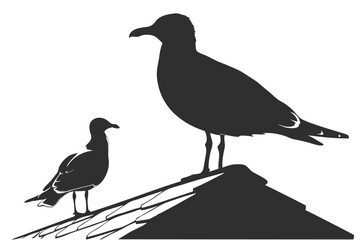 Obraz premium Seagull silhouette on roof minimalist vector illustration two birds black and white