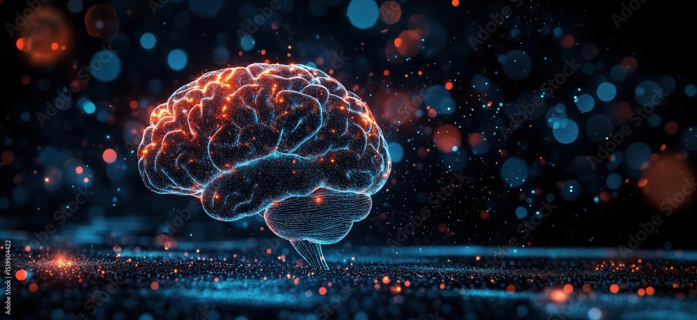 Poster 3d digital brain illustration with glowing particles and abstract background