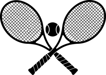 Two tennis rackets with a tennis ball in the middle. The rackets are crossed over each other
