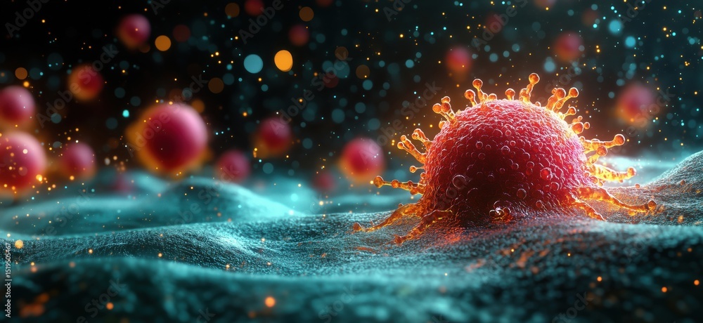 Poster 3d rendering of virus structure with glowing details and abstract background