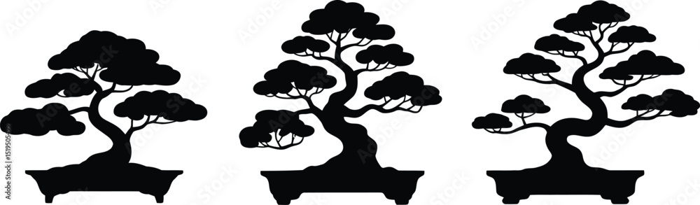 Poster three bonsai tree silhouettes in pots arranged horizontally against a plain white background in a ve