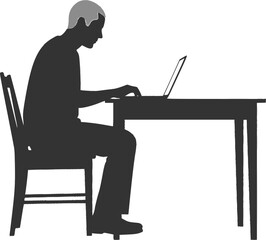 a man browsing laptop sitting on the chair in front of table, vector silhouette
