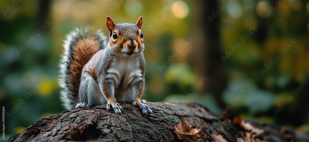 Poster curious gray squirrel perched on log in vibrant forest setting during autumn