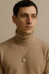 Obraz premium Caucasian male in beige turtleneck with silver pendant