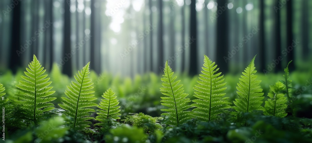 Poster lush green ferns in serene forest setting with soft light filtering through trees
