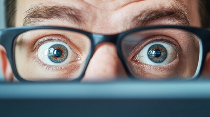Man with glasses works at a computer or laptop in the evening at home. Surprised big eyes