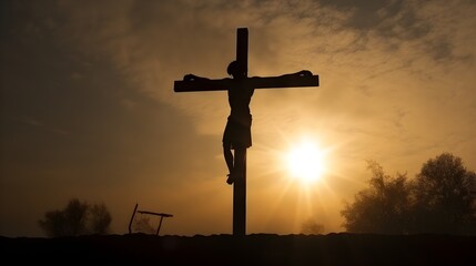 Silhouette of Jesus Christ crucified on a cross at sunset spiritual religious imagery