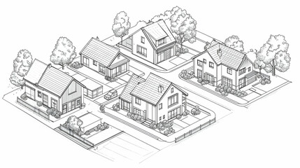 Conceptual architectural sketch of suburban neighborhood for urban planning