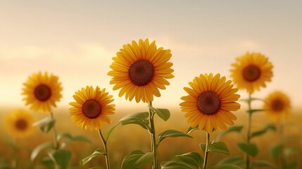Obraz premium Sunflowers in a Field Basking in the Warm Glow of Sunset