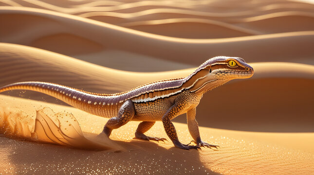 A Sanda lizard walking across hot sand dunes with heatwaves in the background