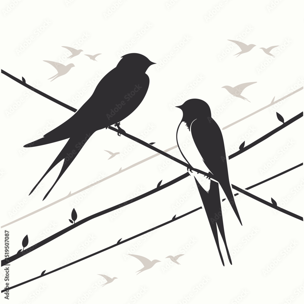 Poster swallows perched on branches with leaves and birds in minimalist vector design