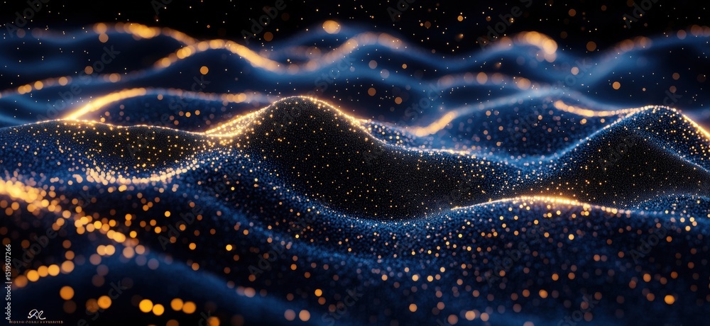 Poster glowing abstract waves with shimmering particles in dark background