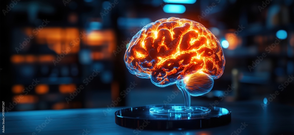 Poster glowing brain model representing neural activity and cognitive function in modern design