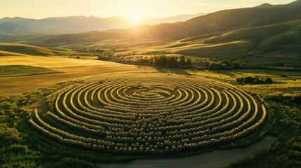 Aerial View of a Spiral Sunflower Field at Sunset