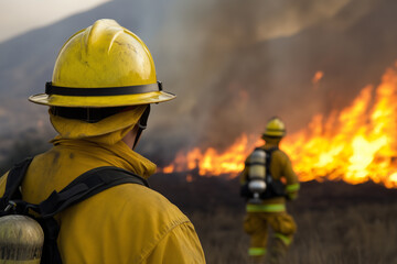 Brave Firefighters Battling a Spreading Wildfire in Rugged Terrain Under Smoke