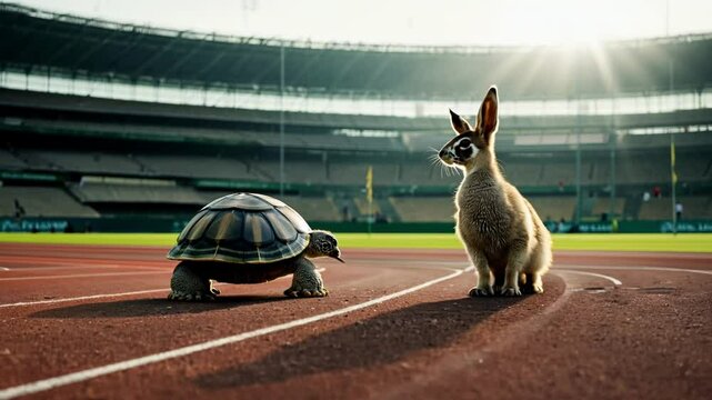 Turtle vs rabbit race on athletic track - classic tortoise and hare fable with determination and persistence themes in competitive sports setting with professional lane markings