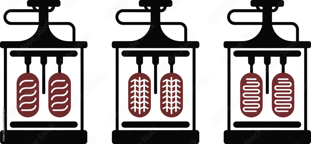 Aufkleber three industrial machines with different meat patterns hanging inside on a white background design