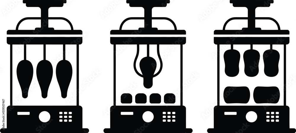 Poster three black and white illustrations of machines with different hanging shapes inside of them on whit