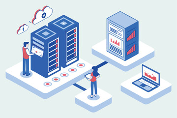 Cloud Computing and Data Analytics: Isometric Illustration of Data Center Management and Monitoring
