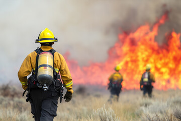Firefighters Battling Intense Wildfire in Grassland Area with Smoke and Flames