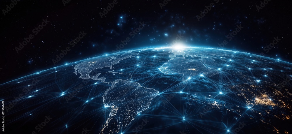 Poster global network connectivity visualization over earth with bright lights and data lines