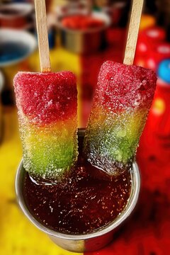 Indian Ice Popsicle (chuski) with Vibrant Syrups on Stick, Street Cart Summer Treat in Sunlight