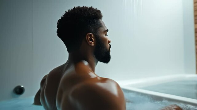 Handsome muscular black man enjoying hot shower with eyes closed in modern bathroom with soft lighting and steam
