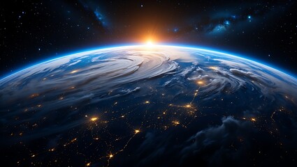 Obraz premium Sunrise over Earth with city lights and cosmic background a global view