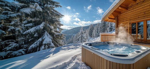 Relaxing hot tub in snowy mountain landscape with stunning winter scenery