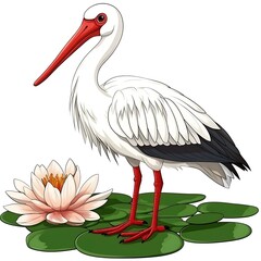 Fototapeta premium Elegant Stork Amidst Lily Pads: A Serene Illustration of Nature's Beauty