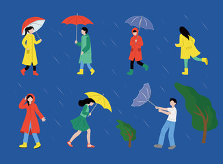 People wearing raincoats and umbrellas during the rainy season clip art set vector illustration