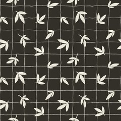 Botanical leaves seamless pattern on dark grey color background, scandinavian wallpaper, nursery design