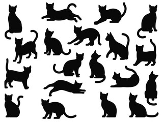 set of cats silhouettes, black cat silhouette in various poses, Different style of cute cat silhouette