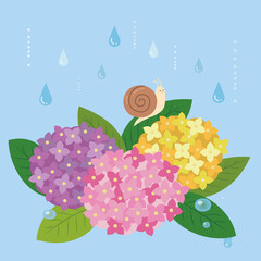 Vector Illustration of the rainy season with flowers and snails