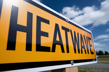 Yellow heatwave warning sign in hot weather conditions