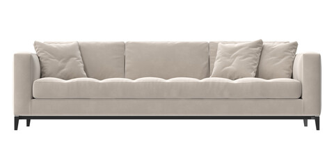 beige fabric sofa front view isolated.