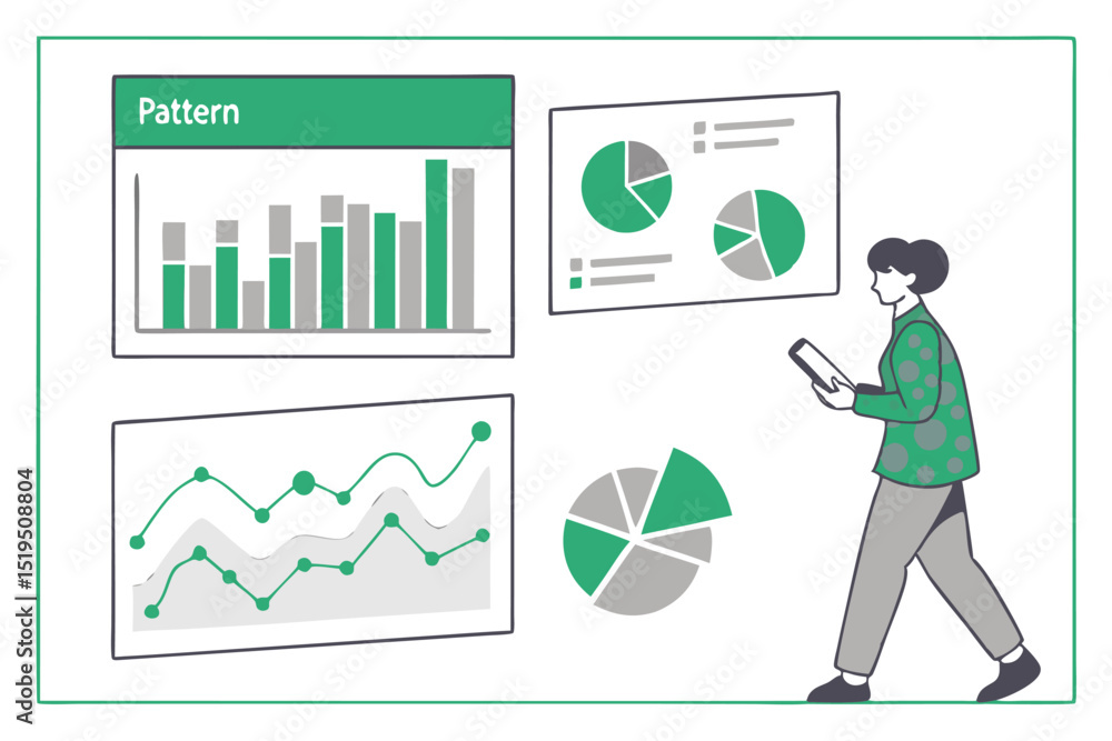 Poster businesswoman analyzing data charts and graphs on mobile device