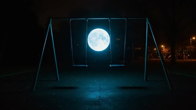 A glowing full moon suspended on a swing set in a dark park, illuminated by streetlights