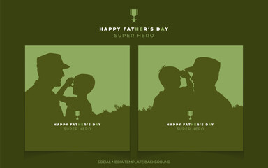 Happy faher's day social media template background, square banner of a silhouette  daughter saluting his father who is a soldier