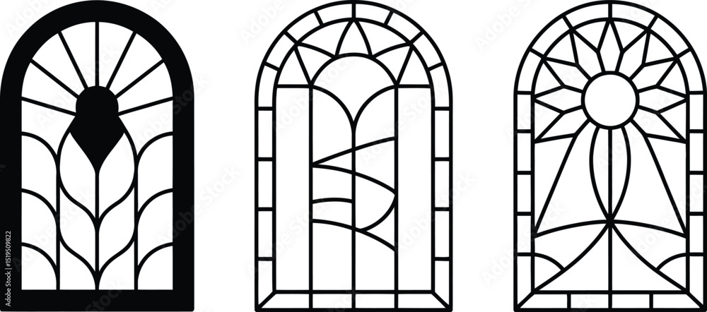 Poster three arched windows with different geometric designs in a row on a white background vector image
