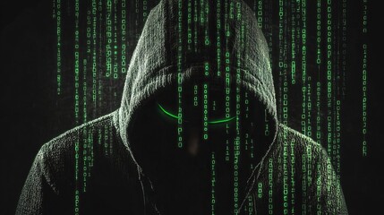 Male hacker with the hood, green code characters and digits like a digital rain. Reflect on his face in a dark office room