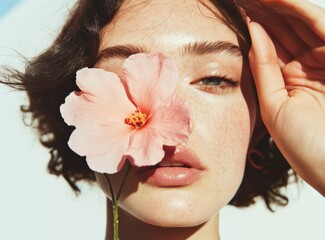 Young beautiful woman close up portrait. beautiful woman with a flower. Concept of femininity and tenderness