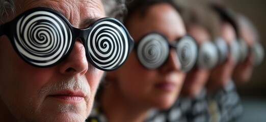 Hypnotic Spiral Glasses Worn by Group of People in Unique Fashion Statement