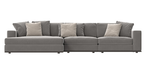 gray sectional lounge with pillows front view isolated.