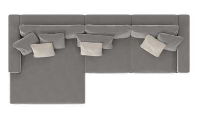 gray sectional lounge with pillows top view isolated.