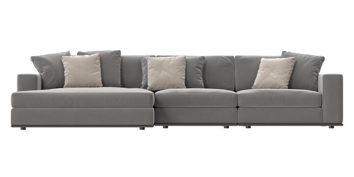 gray sectional lounge with pillows front view isolated.