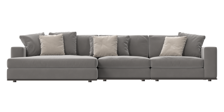 gray sectional lounge with pillows front view isolated.